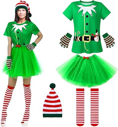 Photo 1 of Suhine Christmas Elf Costume Set Elf Costume for Women Holiday Running Costume Skirt Sequined Elf Tutu Ladies T Shirt Santa Hat and Green Color Gloves Knee High Athletic Running Sock for Girl Women 