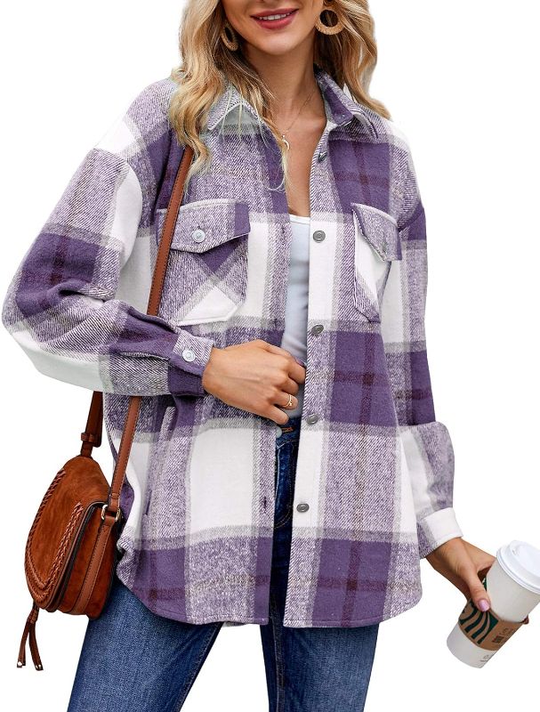 Photo 1 of Caitefaso Womens Plaid Wool Jacket Button Down Long Sleeve High Low Fall Shirts Shacket Coat With Pockets 