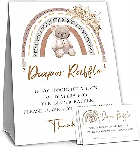 Photo 1 of 50 Diaper Raffle Tickets and 1 Self-standing Diaper Raffle Sign, Bear Boho Rainbow Baby Gender Reveal Party Supplies, Gender Neutral Baby Shower Decorations - LBLK-017 