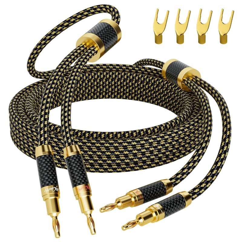 Photo 1 of Mygatti Hi-Fi Speaker Cable Wire 4 Feet, with Banana Plugs and Convertible Gold Plated Y Spade Connectors, (Silver Plated Copper Wire, Multiple Shield, Nylon Braided), for HiFi Sound, Audiophiles