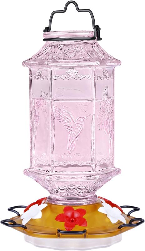 Photo 1 of Billion Sky Hummingbird Feeder,Lantern Shaped Bottle, 6 Simulation Flowers Feeding Ports, 26 fl.oz, Glass Hummingbird Feeders for Outdoors Hanging, Leak Proof, Rustproof, Fade Proof, HBF-1229P (Pink