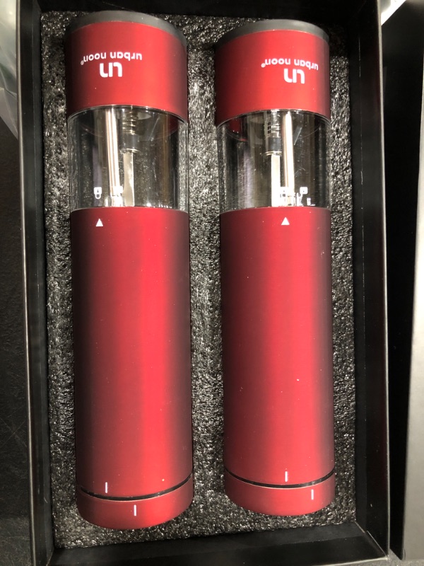 Photo 1 of Electric Salt and Pepper Grinder Set - 2 Battery Operated Stainless Steel Mills with Light (Elegant Red Burgundy) - Automatic One Handed Operation - Electronic Adjustable Shakers - Ceramic Grinders Red Burgundy Set