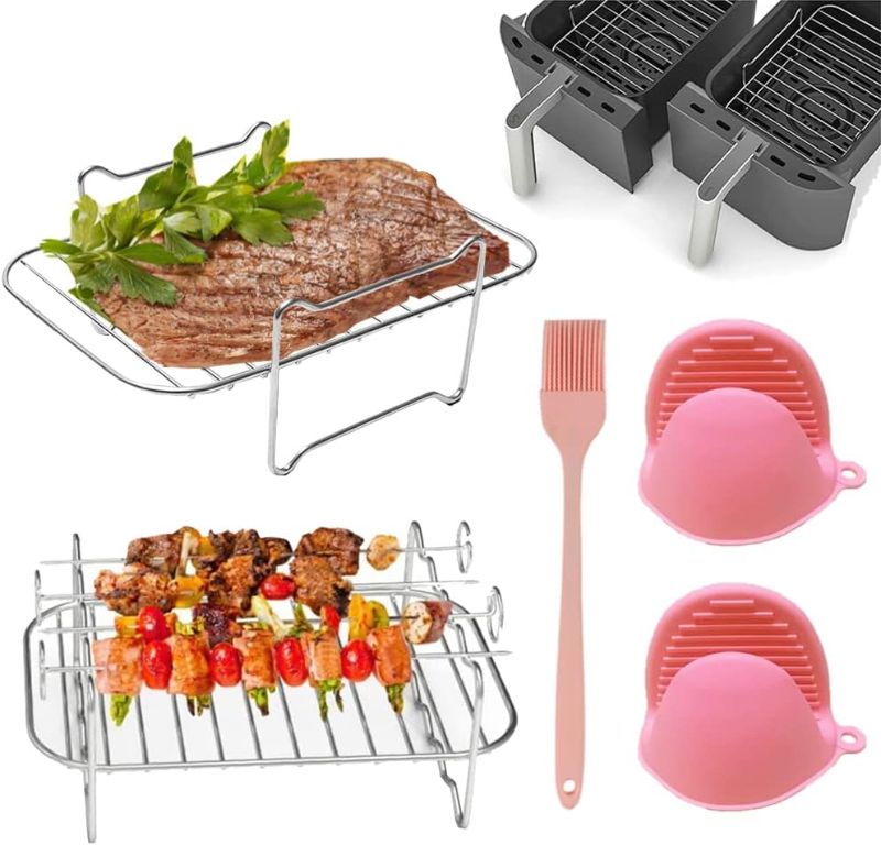 Photo 1 of YF-TOW Air Fryer Rack, 2PCS 304 Stainless Steel Air Fryer Accessories For Dual Basket Air Fryer, Air Fryer Accessories Set, With Silicone Pastry Basting Brush, Silicone Insulated Hand Clips Or Air