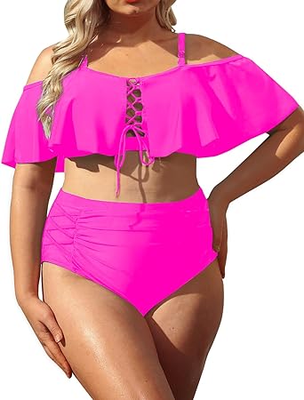 Photo 1 of Daci Women Plus Size Bikini Sets High Waisted Ruffle Tummy Control Two Piece Swimsuit Off Shoulder Lace up Bathing Suit 18W