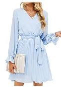 Photo 1 of BBX Lephsnt Women’s Summer Casual Wedding Guest Dress Long Puff Sleeve V Neck Pleated Ruffle Flowy Belted Mini Dress XL