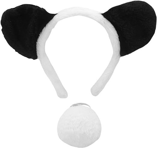 Photo 1 of Adult Kids Black and White Panda Bear Costume Set - Panda Ears Headband Puff Pom Tail Animal Costumes Accessories Set, Black/White, One Size
