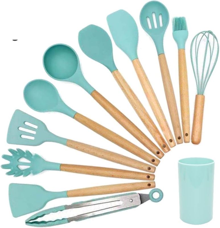 Photo 1 of 12 Piece Silicone Cookware Set Wooden Handle Spatula Soup Spoon Brush Spoon Pasta Colander Nonstick Cookware Kitchen Tools (Color : Green)
