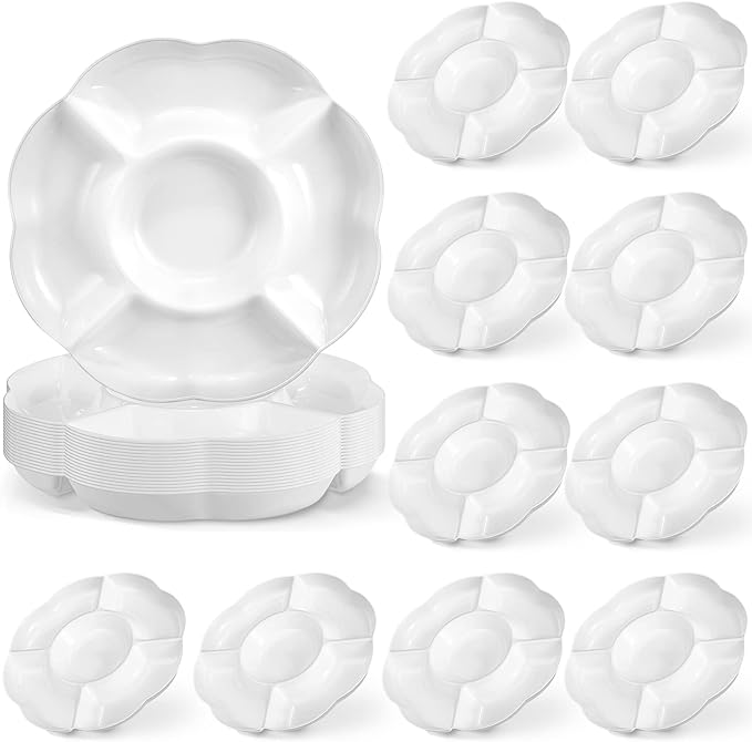 Photo 1 of 16 Pack 5 Sectional Plastic Serving Trays Round White Chips and Dip Tray Fruit Appetizer Serving Plate 10 Inch Veggie Platter Tray Divided Snack Serving Tray for Party Nut Candy Fruit Dish Platter
