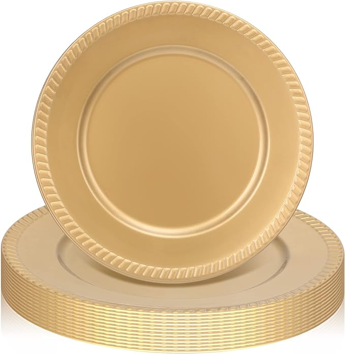 Photo 1 of 18 Pieces Gold Charger Plates Bulk 13 Inch Round Gold Chargers for Dinner Plates with Beaded Rim Plastic Chargers Service Plates Decorative Table Setting for Wedding Dinner Event Party Decorations 