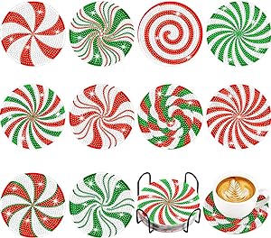 Photo 1 of 10 Pcs Christmas Candy Diamond Art Coasters DIY Christmas Candy Diamond Painting Coasters with Holder 5D Xmas Candy Diamond Coasters Kit Painting Art Kits for Beginners Adults and Kid (Candy Style) 