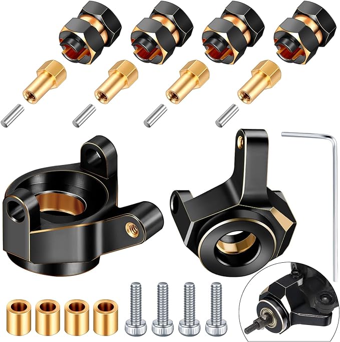 Photo 1 of 4 Pieces Brass Extended 7mm Wheel Hex Hub Extension 8mm Thick and 2 Pieces Brass Steering Knuckle Compatible with AXIAL SCX24 AXI90081 Upgrades Parts 1/24 RC Crawler Car Accessories (Black-Golden)
