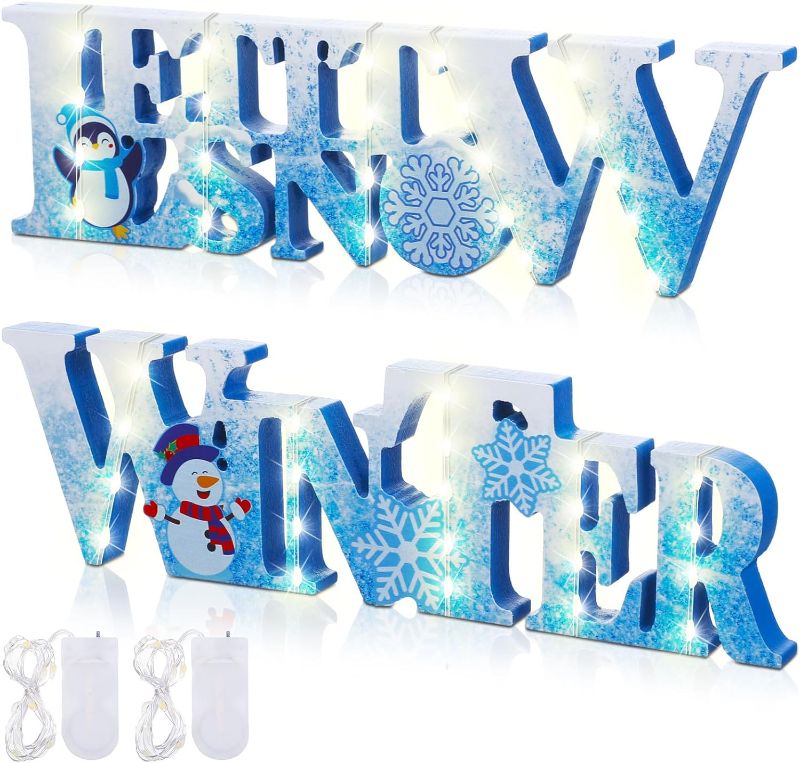 Photo 1 of 2 Pieces Christmas Winter LED Snow Tabletop Centerpiece Table Snowflake Snowmen Wooden Sign Lighted Ornament for Frozen Tiered Tray Decor Wonderland Party(Blue, White) 