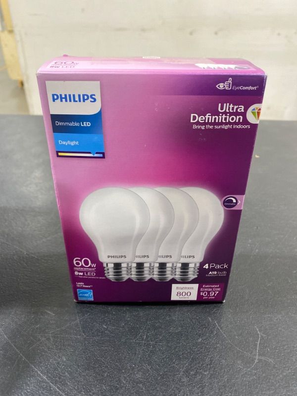 Photo 2 of Philips LED Flicker-Free Frosted Dimmable A19 Light Bulb - EyeComfort Technology - 800 Lumen - Daylight (5000K) - 8W=60W - E26 Base - Title 20 Certified - Ultra Definition - Indoor - 4-Pack Daylight (5000k) 4 Count (Pack of 1) 60W