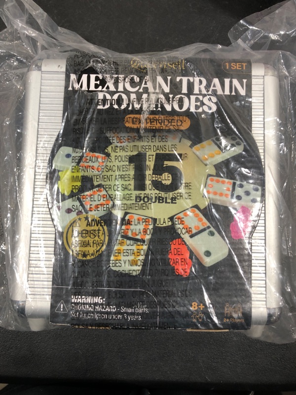 Photo 2 of Mexican Train Dominoes Set Double 15, Dominoes Set for Adults and Family, Mexican Train Double 15 Dominoes Set Colored Dot, Mexican Dominos Board Games - 136 Tiles, 9 Trains, Wooden Hub, Aluminum Case