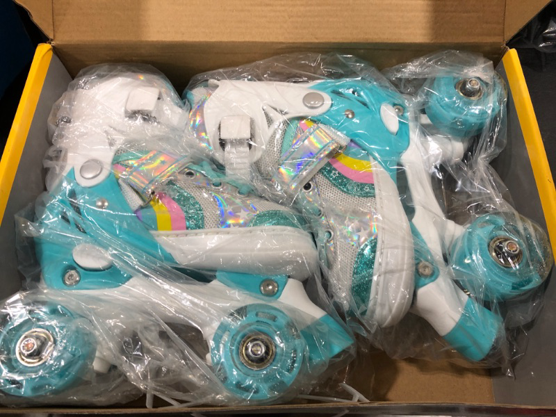 Photo 2 of [Size S] MammyGol Roller Skates for Girls Kids, 4 Size Adjustable Rainbow Quad Skates with All Light Up Wheels for Toddlers Boys Outdoor Indoor Teal Small - Little Kid (10-13C US)