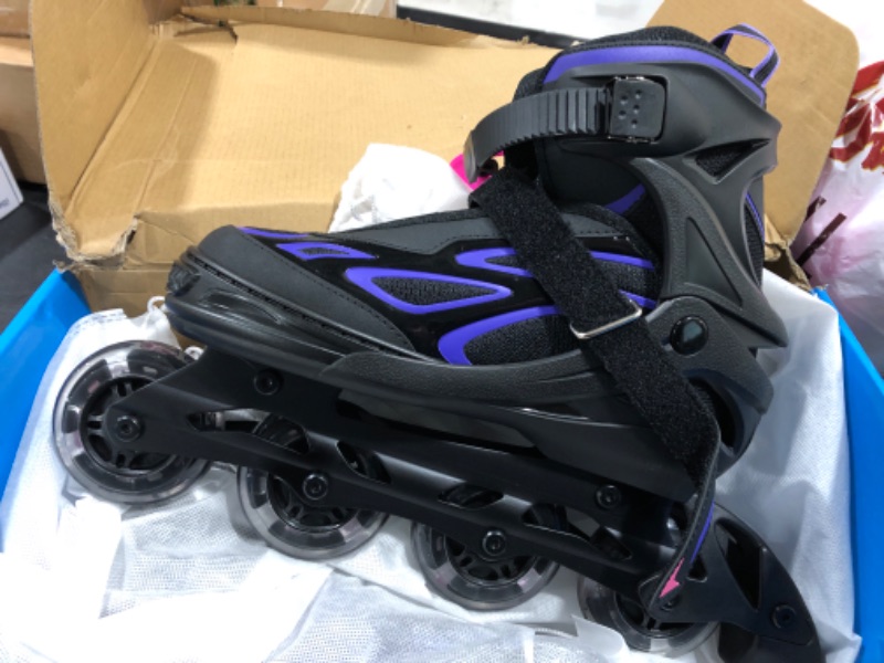 Photo 2 of [Size XL] 2PM SPORTS Vinal Girls Adjustable Flashing Inline Skates, All Wheels Light Up, Fun Illuminating Skates for Kids and Men- Azure Small (1Y-4Y US) Violet & Magenta X-Large - Adult (8W-12W/7M-11M)