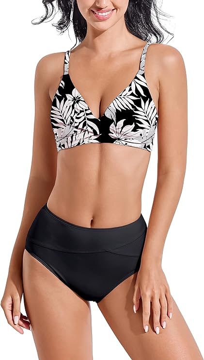 Photo 1 of [Size XL] Beautikini Women Bikini Sets V Neck High Waisted Bikini Swimsuits Two Piece Bathing Suit Twist Front Swimwear Black Flowers