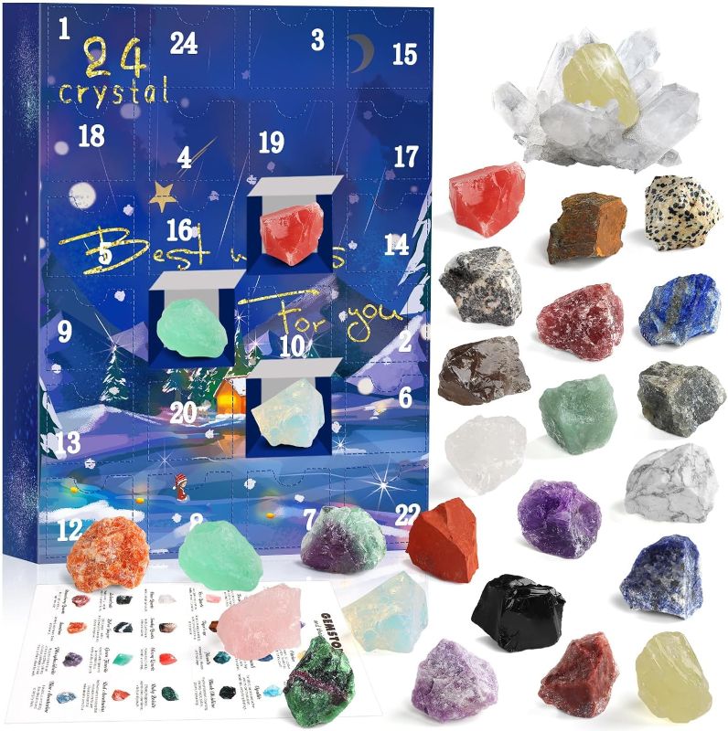 Photo 1 of 24 Days Natural Healing Crystal Gemstones Minerals & Fossils Advent Calendar Christmas Calendar Enthusiasts Rock Collection Gift for Xmas Girls Boys Kids