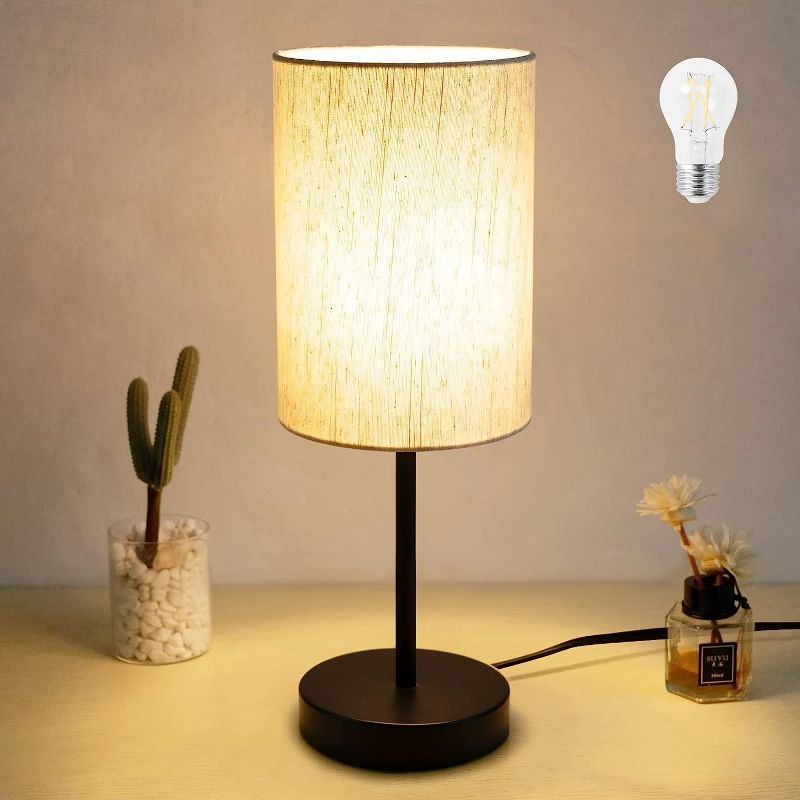 Photo 1 of  Small Table Lamp for Bedroom, Bedside Lamps for Nightstand with Wire Switch, Minimalist Modern Desk Lamps with Linen Fabric Shade for Kids Room Living Room Office Dorm