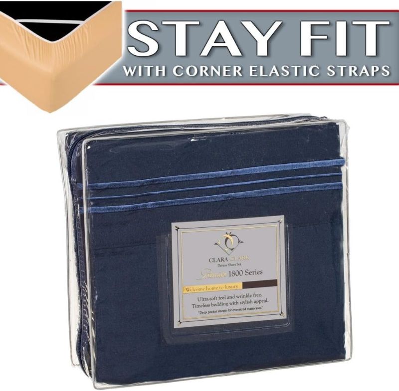 Photo 1 of  Bed Sheet Sets - Stay fit on Mattress with Elastic Straps at Corners - Twin (Single), Navy Blue (75”x39” Fits XL)