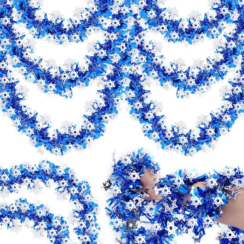 Photo 1 of 50 Ft Hanukkah Tinsel Garland Hanukkah Decorations with Star of David Silver Ornaments Blue Metallic Streamers Decoration for Home Indoor Outdoor Chanukah Party Supplies
