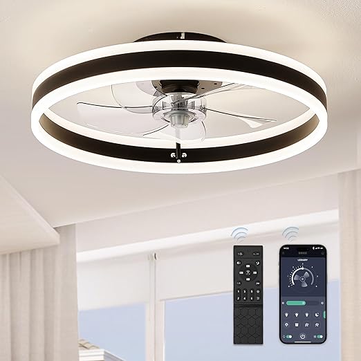 Photo 1 of LEDIARY Low Profile Ceiling Fans with Lights, Flush Mount Modern Ceiling Fan and Remote Control, 19.7" LED Bladeless Ceiling Fans, Stepless Dimmable 3 Colors and 6 Speeds - Black