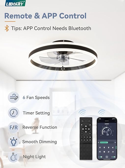 Photo 2 of LEDIARY Low Profile Ceiling Fans with Lights, Flush Mount Modern Ceiling Fan and Remote Control, 19.7" LED Bladeless Ceiling Fans, Stepless Dimmable 3 Colors and 6 Speeds - Black