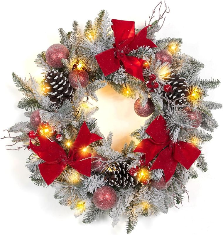 Photo 1 of  Christmas Wreaths, Pre-lit Xmas Wreath with 3 Red Bow, Pine Wreath with 30 LED Lights, Light Up Christmas Wreath for Front Door Holiday Wall Christmas Party Decor