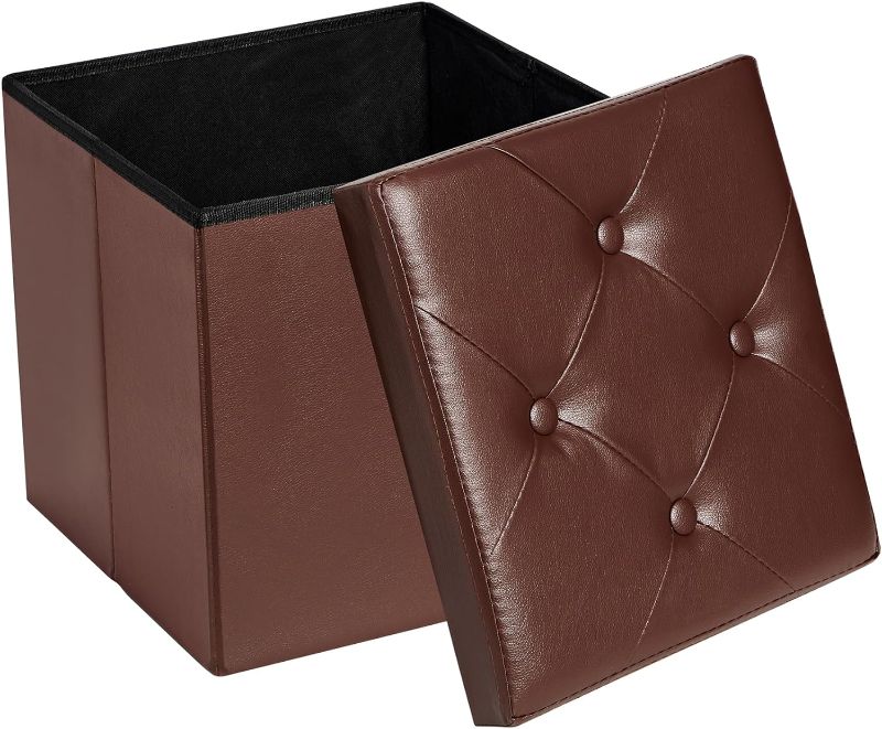 Photo 1 of 2 Storage Ottoman, Footrest Footstool, 15'' Folding Ottoman Small Square Cube Storage Chest for Living Room Utility Room Entryway, Holds up to 250 lb, Easy to Assemble, Brown