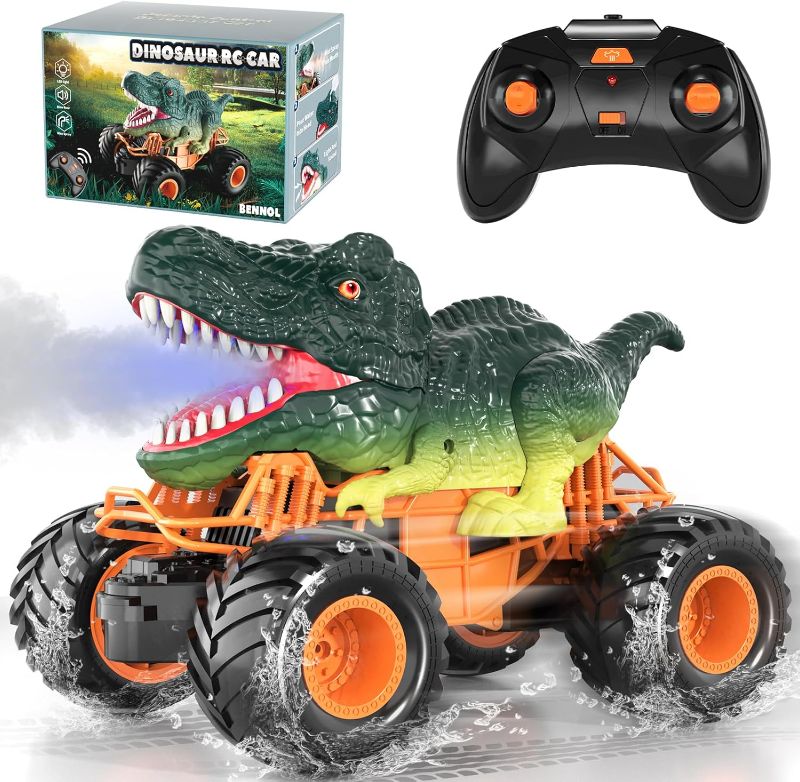 Photo 1 of Bennol Remote Control Dinosaur Car Toys with Light, Sound, Spray, 2.4GHz RC Indoor Outdoor All Terrain Rechargeable Electric RC Car, RC Toy Cars Gifts for Boys Kids