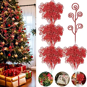 Photo 1 of Zeyune 150 Pcs Christmas Tree Picks and Sprays Glitter Christmas Picks Ornaments Decorative Sticks 12 Inch Stems for Christmas Tree Spray Picks for Xmas Party Decorations Branches Vase Fillers(Red) 