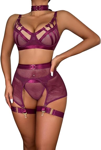 Photo 1 of ABAFIP Women's Rave Outfits Fishnet Lingerie Strappy Cutout Bra Panty Garters Belt Festival Dance wear 4 piece set M