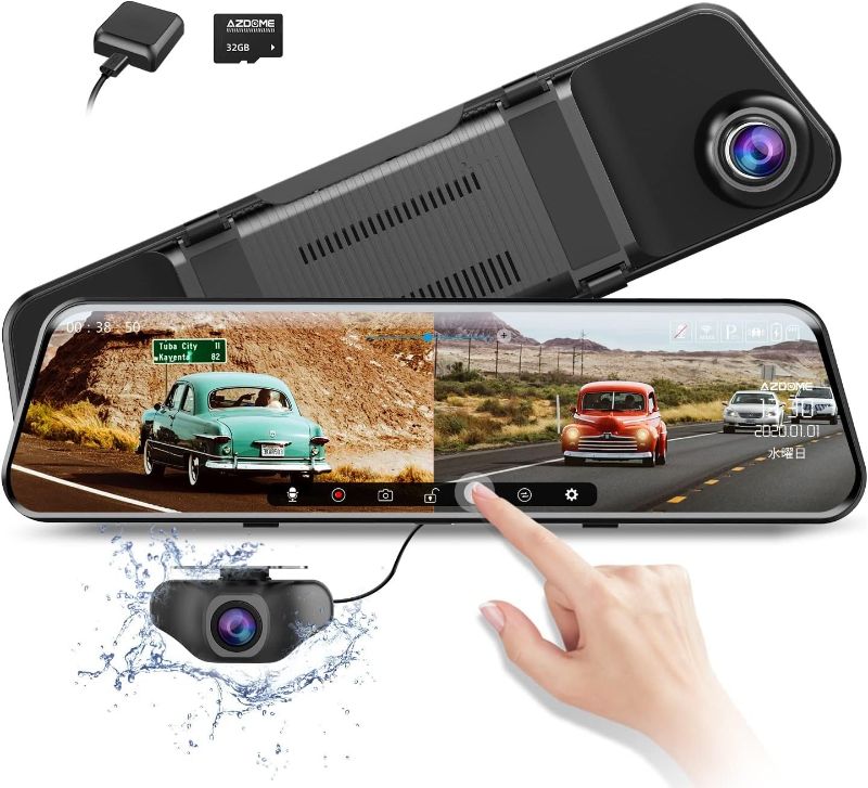 Photo 1 of AZDOME 12" WiFi Mirror Dash Cam, 2.5K Front and 1080P Rear View Mirror Camera for Cars, Dual Camera with Free 64GB Card GPS, Waterproof Reverse Backup Camera Super Night Vision, 24H Parking Mode
