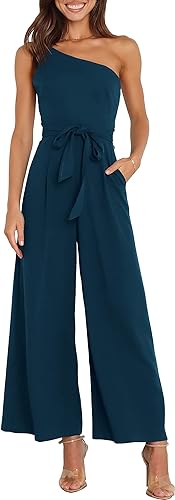 Photo 1 of ANRABESS Women's Summer Dressy One Shoulder Sleeveless Tie Waist Backless Casual Wide Leg Jumpsuit Rompers Pockets M