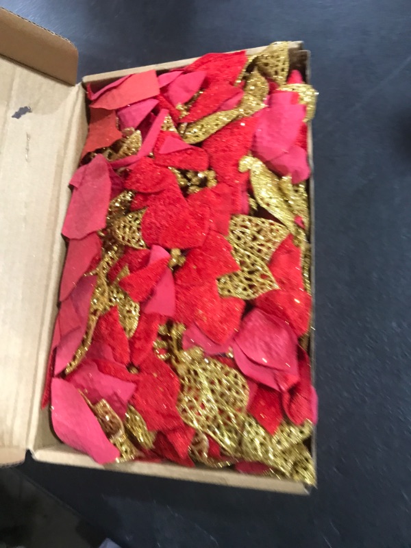 Photo 2 of 15 Pieces 8.7” Poinsettia Artificial Christmas Flowers Decorations Large Size - 8.7 Inches Xmas Tree Ornaments Red Glitter Gold with Clips