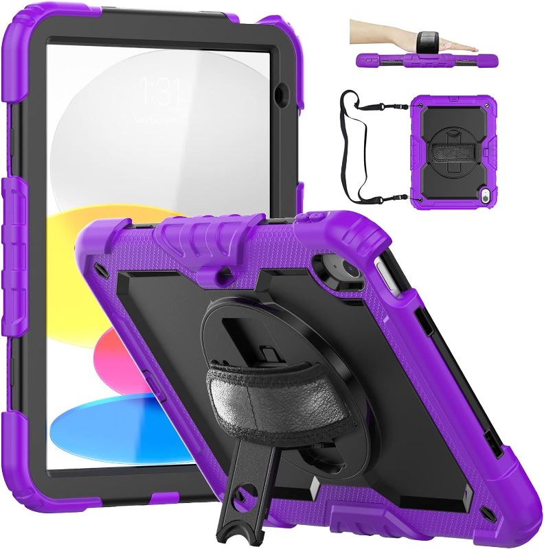 Photo 1 of CLARKCAS iPad 10th Generation Case 10.9 Inch 2022 with Pencil Holder and 360 Rotating Hand Strap,Shockproof Protective Cover with Screen ProtectorShoulder Strap for iPad 10th Generation 10.9 Purple 