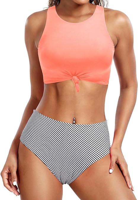 Photo 1 of [Size XXL] Tempt Me Women High Waisted Sporty Bikini Sets High Neck Two Piece Swimsuits Tie Knot Bathing Suits