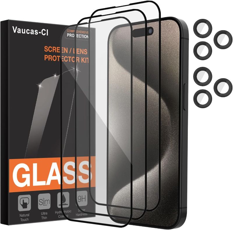 Photo 1 of 2 PACK-Vaucas-CI 3 Pack Screen Protector for iPhone 15 Pro [6.1 Inch] + 2 Pack Camera Lens Protector, Case Friendly Tempered Glass Film, [Ultra HD] [9H Hardness Scratch Resistant]