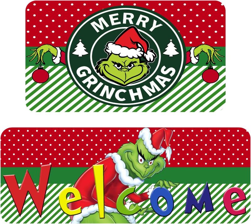 Photo 1 of 2 PCS Grinch Doormat, Kitchen Mats, Grinch St Patricks Day Decorations, Suitable for Indoor and Outdoor,Non-Slip, Washable, Stain and Fade Resistant?Red? 