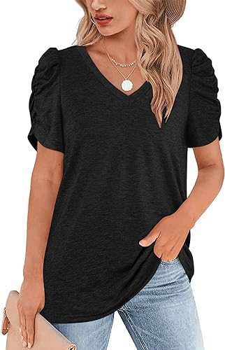 Photo 1 of [Size L] Mavis LAVEN Women's Summer Tops V Neck Pleated Puff Sleeve Tee Shirts Dressy Casual Womens Short Sleeve Tops