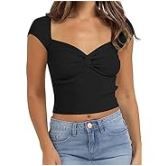 Photo 1 of [Size M] MAVIS LAVEN Women's Short Sleeve Ribbed Knit Top Sweetheart Neck Twist Front Slim Fit Cropped Shirt- Black