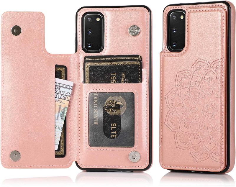 Photo 1 of LMDAMZ for Galaxy S20 FE(5G) 6.5 Inch Wallet Case with Card Holder, Mandala Embossed Faux PU Leather Double Magnetic Clasp Case Flip Back Wallet Case with Stand Function (Pink) 