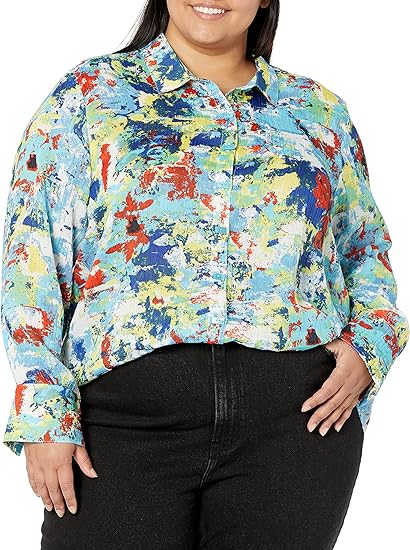 Photo 1 of [Size XL] MULTIPLES Women's Long Sleeve Button Front and Back Hi-lo Shirt- Newsprint
