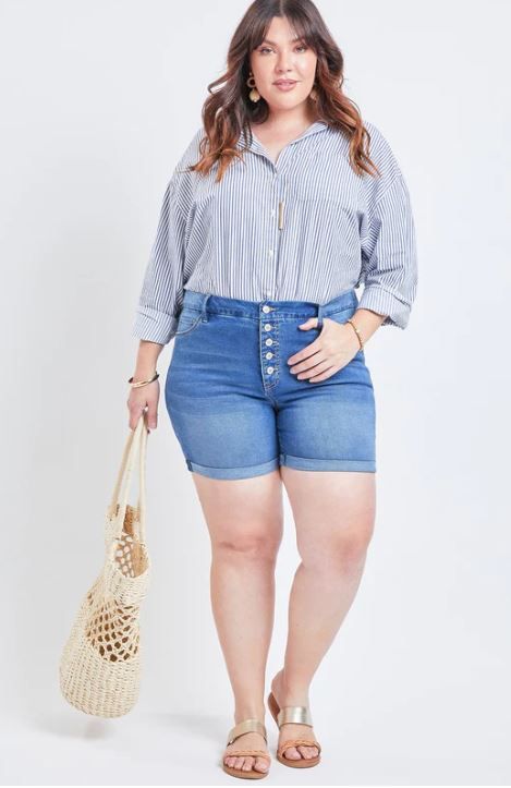 Photo 1 of [Size 20] Royalty For Me Women's Plus Size High Rise Curvy Exposed Button Fly Cuffed Shorts, Medium Blue, 20W