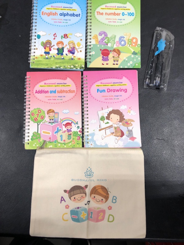 Photo 2 of BUDDHAFUL MIND Magic Practice Copybooks for Kids - Pens with Travel Bag - School Supplies - Kid tracing Paper with Calligraphy Invisible Ink pens - Handwriting Practice for Kids (SMALL)
