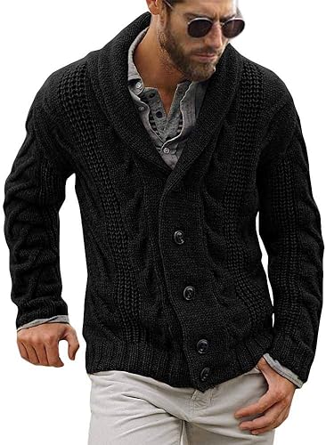 Photo 1 of [Size L] Mens Cable Knit Cardigan Chunky Knitted Jacket V Neck Shawl Collar Buttoned Knitwear Overcoat Outerwear