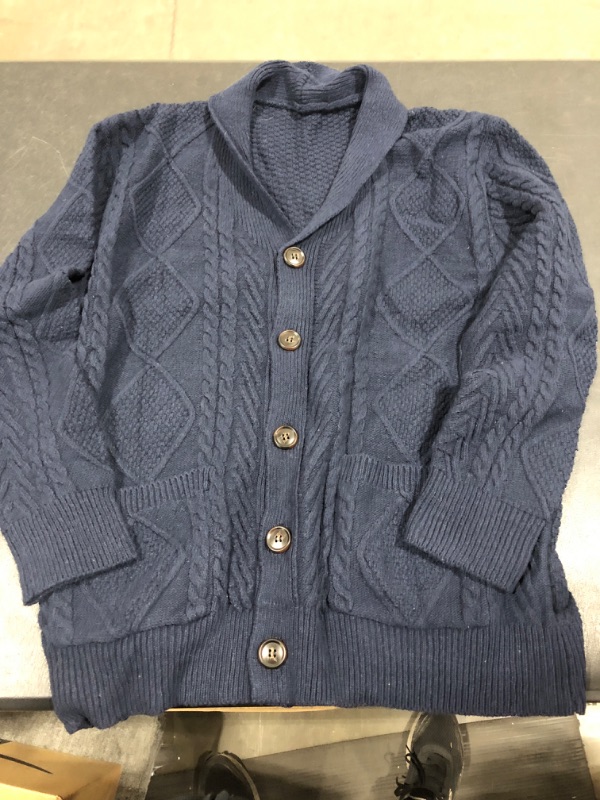 Photo 2 of [Size L] Winter Long Sleeve Button Down Sweater Jackets for Mens Stylish Soft Chunky Cable Knit Cardigans Vintage Shawl Collar Coats - Navy