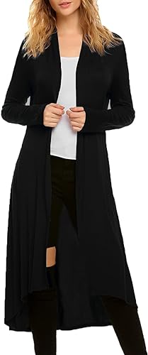 Photo 1 of [Size S] Women's Casual Long Open Front Drape Lightweight Duster High Low Hem Maxi Long Sleeve Cardigan- Black