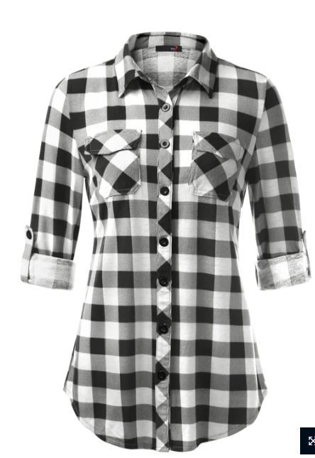 Photo 1 of [Size XL] DJT Roll Up Long Sleeve Black white Women’s Collared Button Down Plaid Shirt
