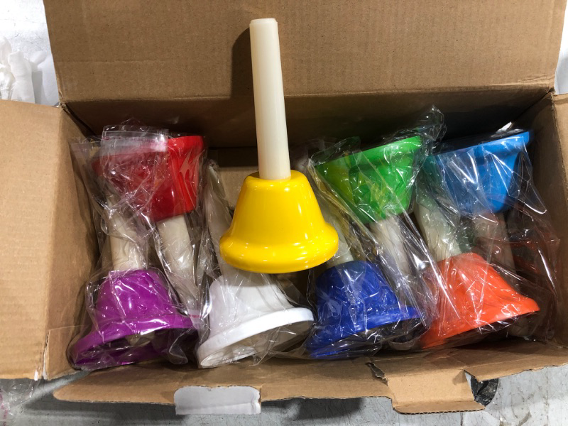 Photo 1 of Hand Bells Set, Colorful Percussion 8 Note Diatonic Metal Hand Bell Kit for Kid, Adults, Used for Festival, Musical Teaching, Church Chorus, Wedding, Family Party
